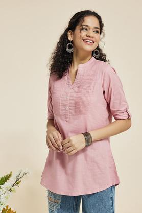 solid rayon collar neck women's casual wear tunic - pink