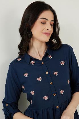 solid rayon collar neck women's tunic - blue