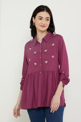 solid rayon collar neck women's tunic - pink