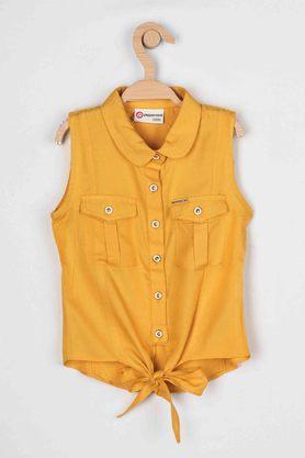 solid rayon collared girls top - mustard
