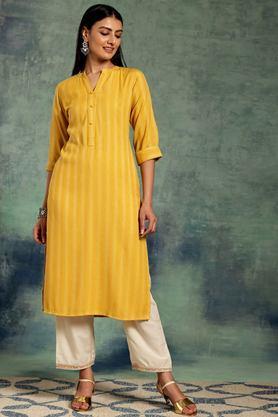 solid rayon collared women's casual wear kurta - yellow