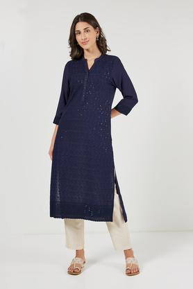 solid rayon collared women's festive wear straight kurta - navy