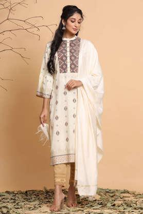 solid rayon mandarin women's salwar kurta dupatta set - ivory