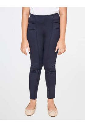 solid rayon regular fit girls trousers - navy