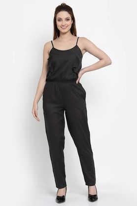 solid rayon regular fit women's jumpsuit - black