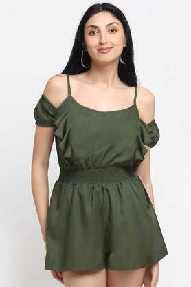 solid rayon regular fit women's jumpsuit - olive