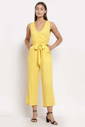 solid rayon regular fit women's jumpsuit - yellow