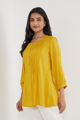 solid rayon round neck women's casual wear kurta - mustard