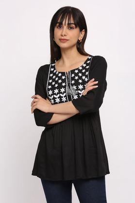 solid rayon round neck women's casual wear kurti - black