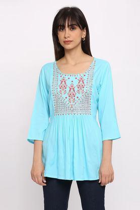 solid rayon round neck women's casual wear kurti - blue