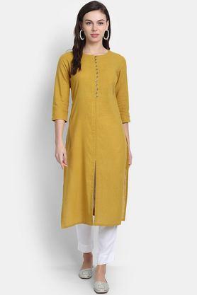 solid rayon round neck women's casual wear kurti - dark mustard