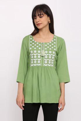 solid rayon round neck women's casual wear kurti - green