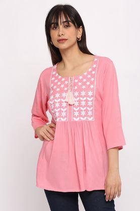 solid rayon round neck women's casual wear kurti - pink