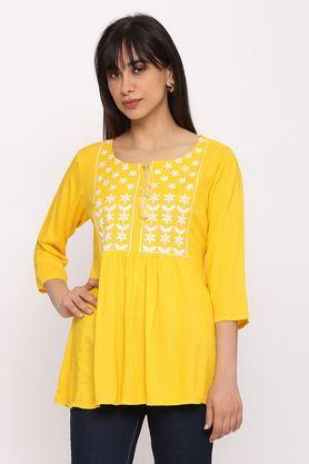 solid rayon round neck women's casual wear kurti - yellow