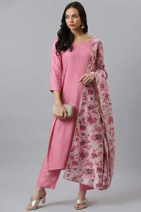 solid rayon round neck women's kurta pant dupatta set - pink