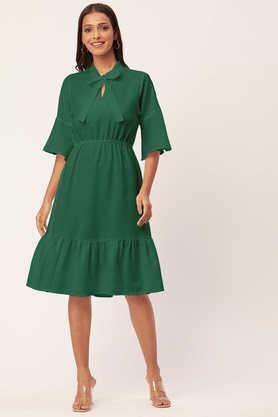 solid rayon round neck women's mini dress - green
