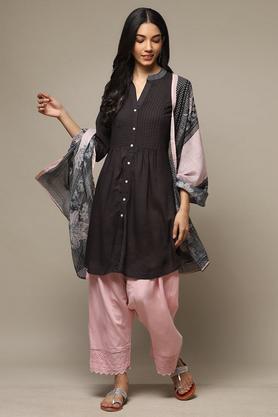 solid rayon round neck women's salwar kurta dupatta set - black