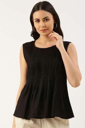 solid rayon round neck women's tunic - black