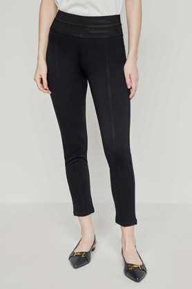 solid rayon slim fit women's casual trousers - navy