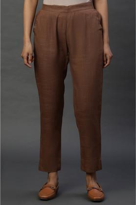 solid rayon slim fit women's trousers - brown