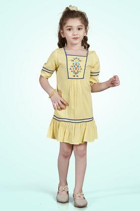 solid rayon square neck girls dress - yellow