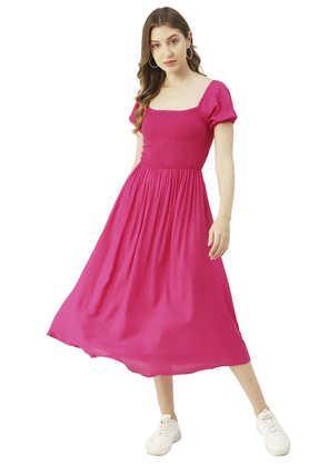 solid rayon square neck women's maxi dress - pink