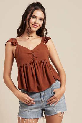 solid rayon sweetheart neck women's top - brown