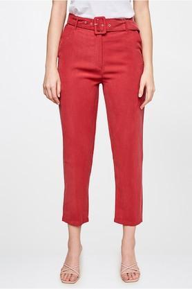 solid rayon tapered fit women's casual pants - brick