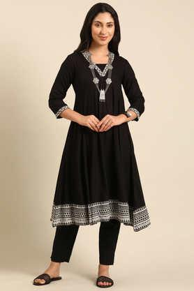 solid rayon v-neck women's casual wear kurta - black