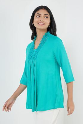 solid rayon v-neck women's casual wear kurta - turquoise