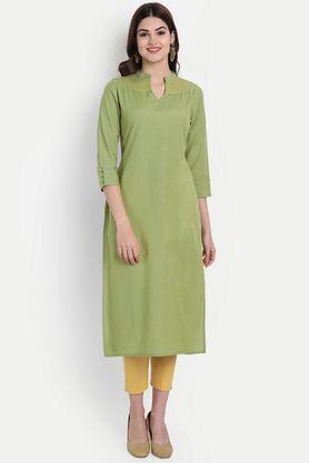 solid rayon v-neck women's casual wear kurti - green