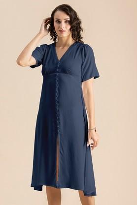 solid rayon v-neck women's midi dress - blue