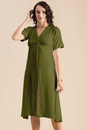 solid rayon v-neck women's midi dress - green