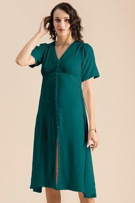 solid rayon v-neck women's midi dress - turquoise