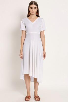 solid rayon v-neck women's midi dress - white