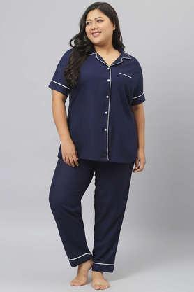 solid rayon women's night suit set - navy