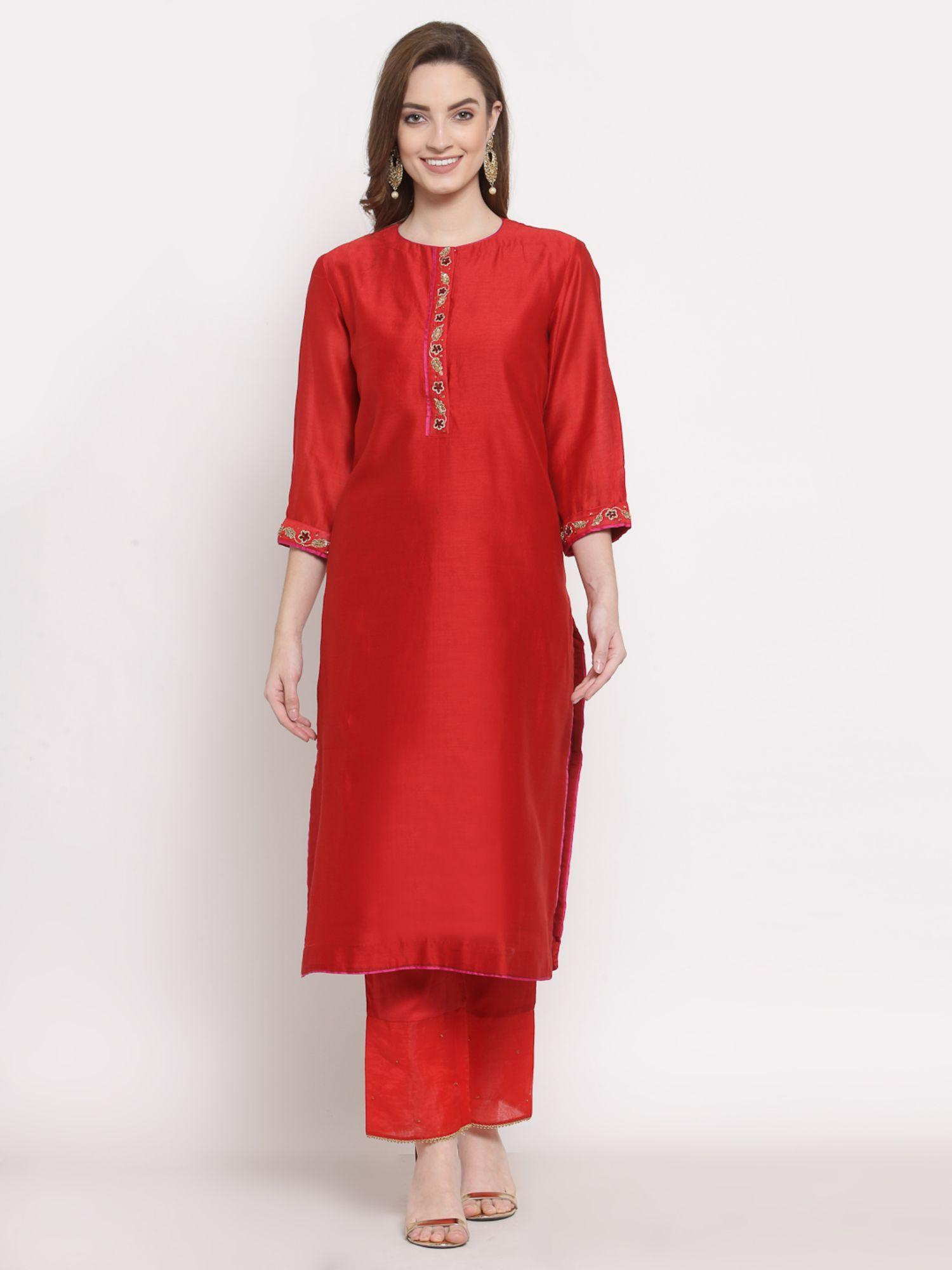 solid red ceri straight kurta