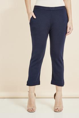 solid regular acrylic women's casual wear pants - navy