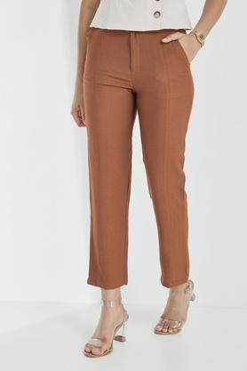 solid regular blended women's casual wear pants - brown