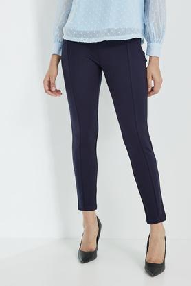 solid regular blended women's casual wear pants - navy