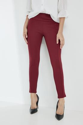 solid regular blended women's casual wear pants - wine