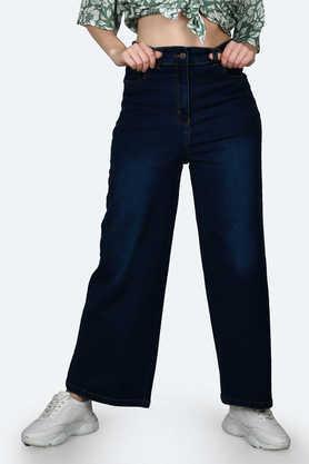 solid regular cotton blend women's jeans - blue