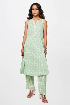 solid regular cotton woven women's skirt kurta dupatta set - mint