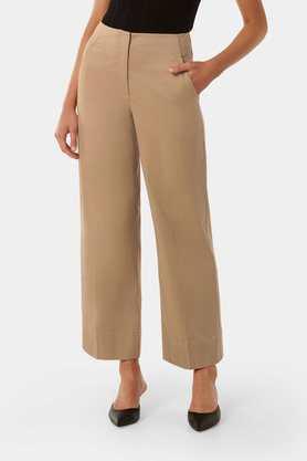 solid regular fit blended fabric women's casual wear pants - brown