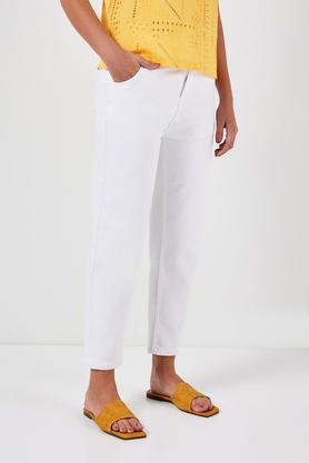 solid regular fit blended fabric women's casual wear pants - white