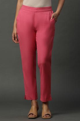 solid regular fit blended fabric women's casual wear trousers - pink