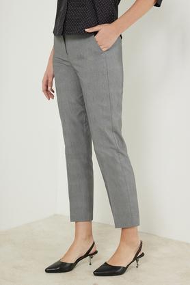 solid regular fit blended fabric women's formal wear trouser - grey