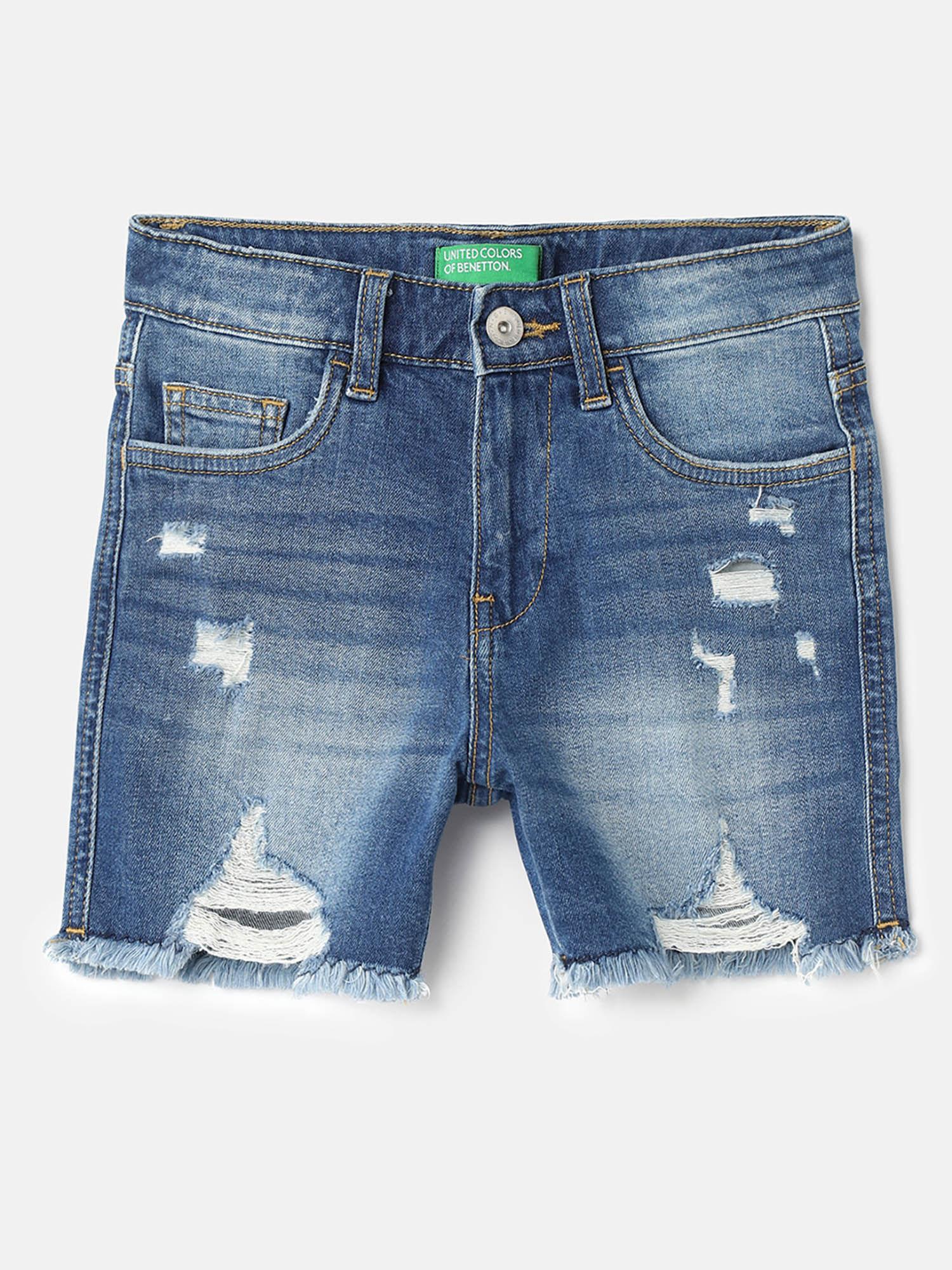 solid regular fit blue denim shorts