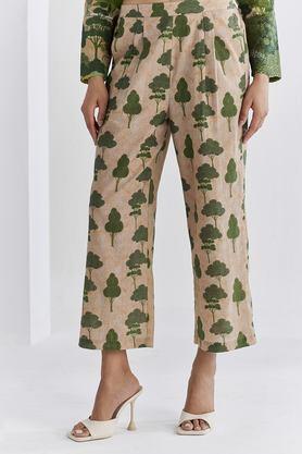 solid regular fit chambray women's formal wear trousers - green