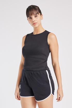 solid regular fit cotton blend women's active wear t-shirt - black